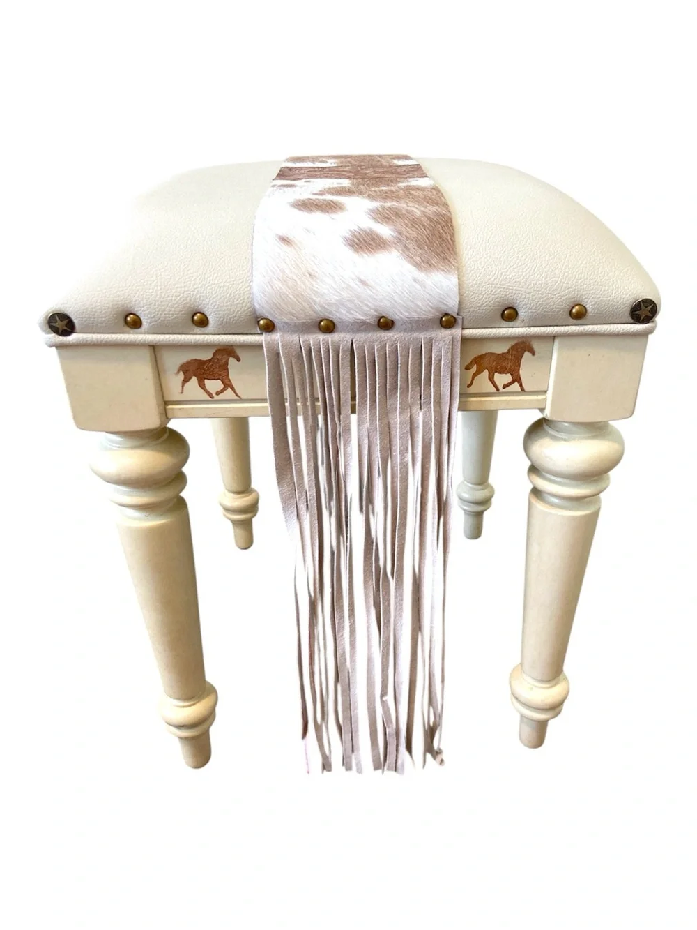 Rustic Western Vanity Stool Cowhide Leather Fringe Horse Accent Country Ottoman